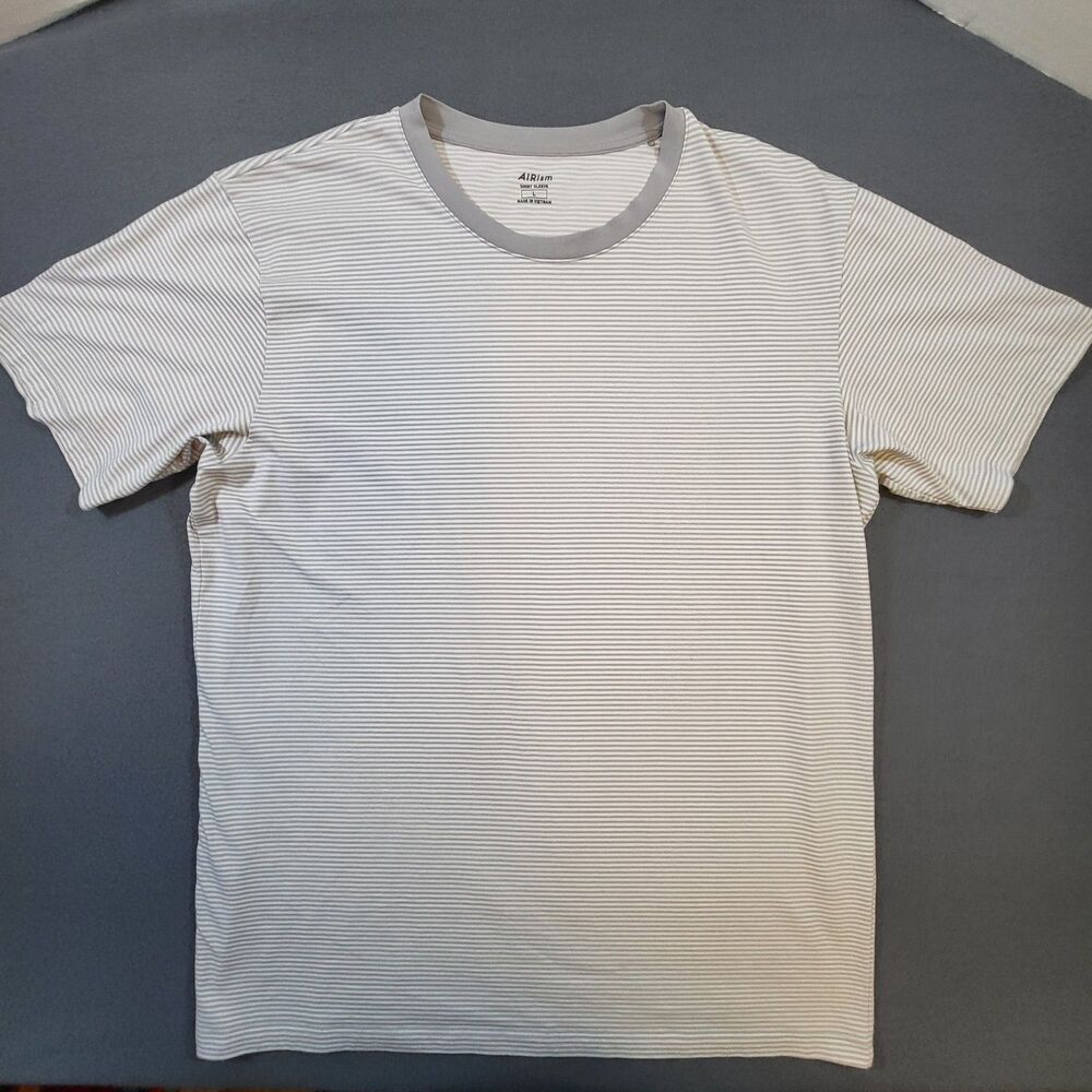 Uniqlo AIRism Cotton Blend Shirt Mens Large Gray White Striped Ringer Crew Neck